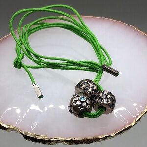 Pandora Lime Green Cord String Lariat Style Necklace with 3 Charms Pop of Color